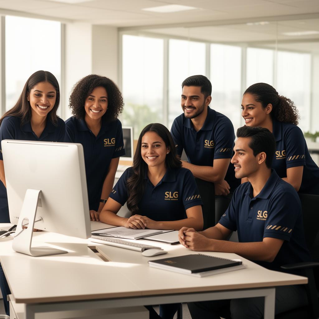 Equipe SLG Serviços uniformizada no escritório